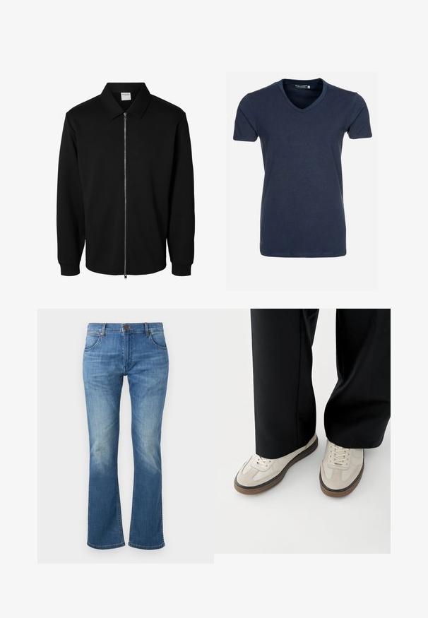Musta vetoketjullinen pitkähiha jacket, jossa kaulus, etumainen metallivetoketju ja ribbikäänteet, valkoisella taustalla esitetty.; Laadun sininen puuvillainen V-paitakynä lyhythihaisella, sileällä pinnalla ja suorella helman leikkuulla, jossa on etiketti sisäkauluksessa.; Siniset farkut, joissa hieman lievästi levenevät lahkeet, edessä napitettava ja vetoketjullinen suljin sekä haalistumat reisissä ja polvien kohdalla.; Jalat, joissa on beigejä tennareita ruskeilla pohjilla ja mustat leveälahkeiset housut valkoisella taustalla.