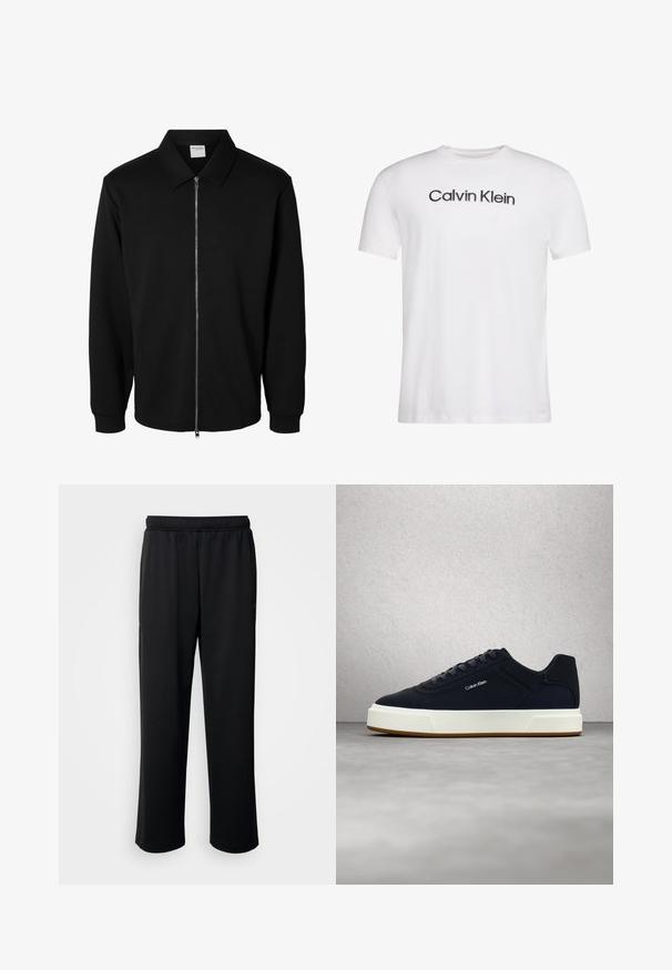 Zwarte jas met lange mouwen, rits en kraag, metalen rits aan de voorkant en geribde manchetten, weergegeven op een witte achtergrond.; Wit T-shirt met korte mouwen en ronde hals met zwarte "Calvin Klein" tekst gecentreerd op de borst.; Zwarte sportbroek van zachte, ademende stof. Beschikt over een elastische tailleband en rechte pijpen zonder opvallende accenten of patronen.; Zwarte Calvin Klein sneaker met witte zool, marineblauwe veters, zwevend in de lucht tegen een achtergrond van een grijze vloer en een glazen blokkenmuur.