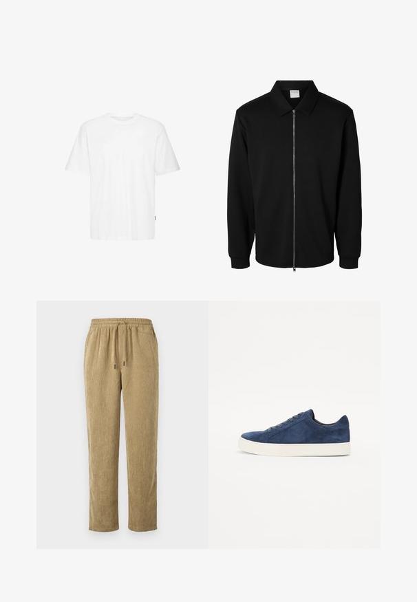 Veste noire à manches longues avec fermeture éclair, col, zip métallique à l'avant et poignets côtelés, présentée sur fond blanc.; T-shirt blanc en coton avec manches courtes, col rond, coupe droite et petite étiquette de marque sur le côté. Texture lisse.; Pantalon en velours côtelé couleur marron clair, avec une texture côtelée, une taille élastique avec cordon de serrage, et une coupe droite.; Baskets en suède bleu marine avec un bout arrondi, cinq œillets, semelle en caoutchouc blanche et design minimaliste. Texture lisse, sans motifs visibles.