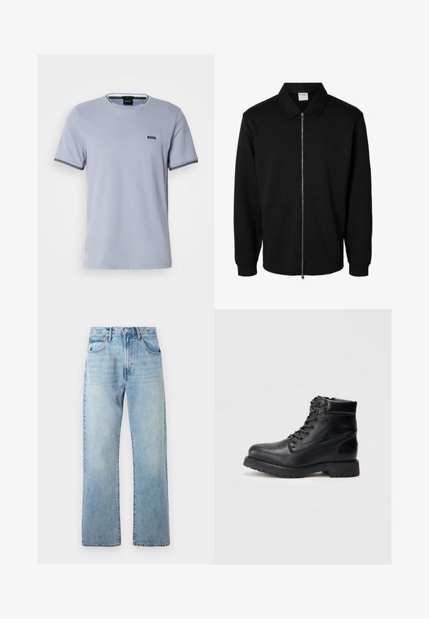 Zwarte jas met lange mouwen, rits en kraag, metalen rits aan de voorkant en geribde manchetten, weergegeven op een witte achtergrond.; Lichtblauw katoenen t-shirt met ronde hals, korte mouwen en zwart-wit gestreepte accenten op de manchetten, met een klein geborduurd logo.; Lichtblauwe denim jeans met wijde rechte benen, vijf-vaks ontwerp en een riemlus in de tailleband. De stof vertoont een iets vervaagde textuur.; Zwarte leren enkelboot met een ronde neus, gestructureerde bovenkant, ronde veters en een dikke rubberen zool. Voorzien van metalen oogjes en een gewatteerde kraag.