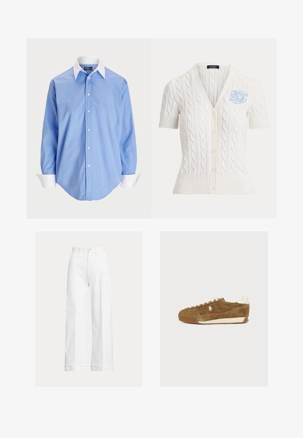 Cárdigan blanco de punto con manga corta y trenza, con botones en la parte delantera y monograma bordado azul en el pecho izquierdo.; Camisa de botón azul claro con mangas largas y un cuello blanco en contraste. Presenta una textura suave y cinco botones frontales.; Pantalones blancos de pierna ancha hechos de algodón, con cintura alta, cierre de botones y líneas sutiles de pliegue que recorren la parte delantera.; Zapatilla de ante marrón con cordones blancos, suela de goma y logotipo blanco en el lateral, presentada sobre un fondo claro y simple.
