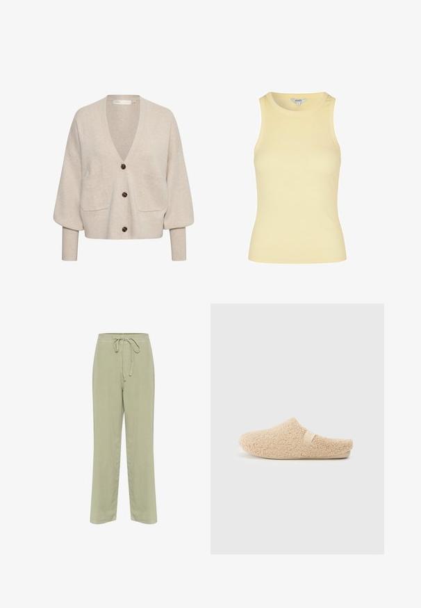 Hellbeige Strickjacke aus weichem Stoff, mit V-Ausschnitt, übergroßen Ärmeln, zwei Fronttaschen und vier braunen Knöpfen auf der Vorderseite.; Ärmelloses, geripptes Tanktop in blassem Gelb mit rundem Ausschnitt und figurbetontem Design, Größe S, auf weißem Hintergrund dargestellt.; Hellgrüne Leinenhose mit einem Kordelzugbund, weitem Bein und seitlichen Taschen. Weiche Textur und schlichte Konstruktionsdetails.; Beige Hausschuh aus flauschigem, strukturiertem Material. Geschlossene Ferse mit runder Zehenpartie und einem dezenten Logo-Tag an der Seite. Leichte Sohle.