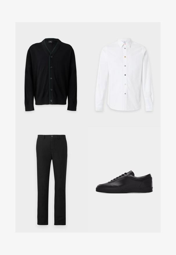 PS Paul Smith MENS CARDIGAN BUTTON - Cardigan - black; Langermet hvit skjorte med klassisk krage og flerfargede knapper midt foran.; Svarte bukser med rette ben, beltestropper, knappelukking og glidelås foran, vist på en ensfarget lys grå bakgrunn.; Svart lavtstående lær-sneaker med snøring foran og flat gummisåle, vist fra siden på en ren hvit bakgrunn.