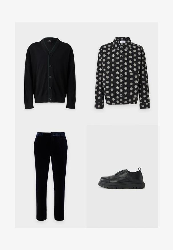 PS Paul Smith MENS CARDIGAN BUTTON - Neuletakki - black; Musta nappitakki, jossa valkoisia kukkaisia pyöreitä kuvioita, pitkät hihat, kaksi etutaskua ja terävä kaulus.; Tummansinisiä samettihousuja, joissa on tasainen etuosa, vyölenkit ja kapea malli. Sujuva rakenne ja hienovarainen kiilto parantavat ulkonäköä.; Musta nahkainen nauhakenkä paksulla pohjalla ja vetotarralla kantapäässä, sivunäkymä yksinkertaisella vaalealla taustalla.