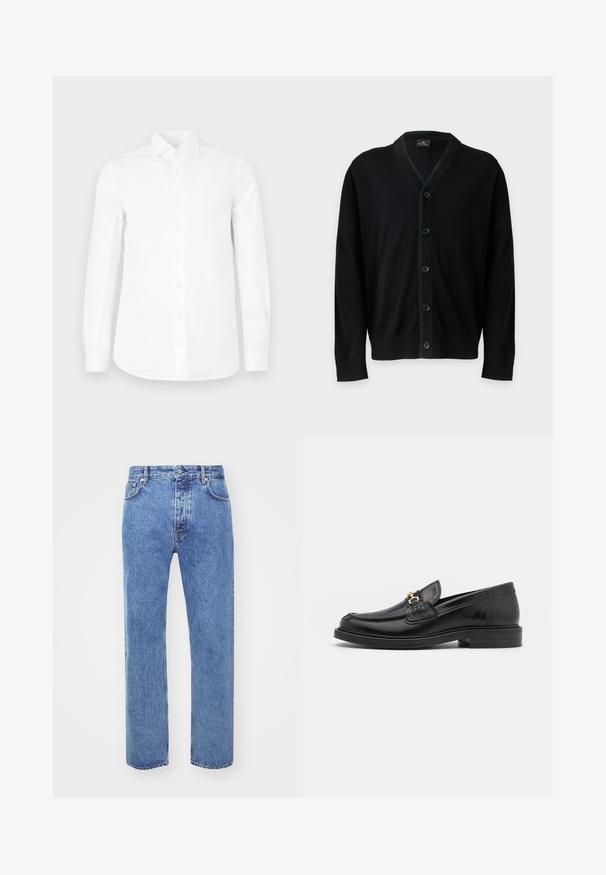 PS Paul Smith MENS CARDIGAN BUTTON - Kardigán - black; Biela košeľa s dlhým rukávom na gombíky vyrobená z hladkej bavlny. Má špicatý golier, úplné zapínanie na gombíky a jemne zúžený pás.; Won Hundred STEVE - Džínsy voľného strihu - cut blue; Čierne kožené loafers so zaoblenou špičkou, s pozlátenými kovovými prvkami a detailným šitím, uložené na nízkej, textúrovanej gumenej podrážke.