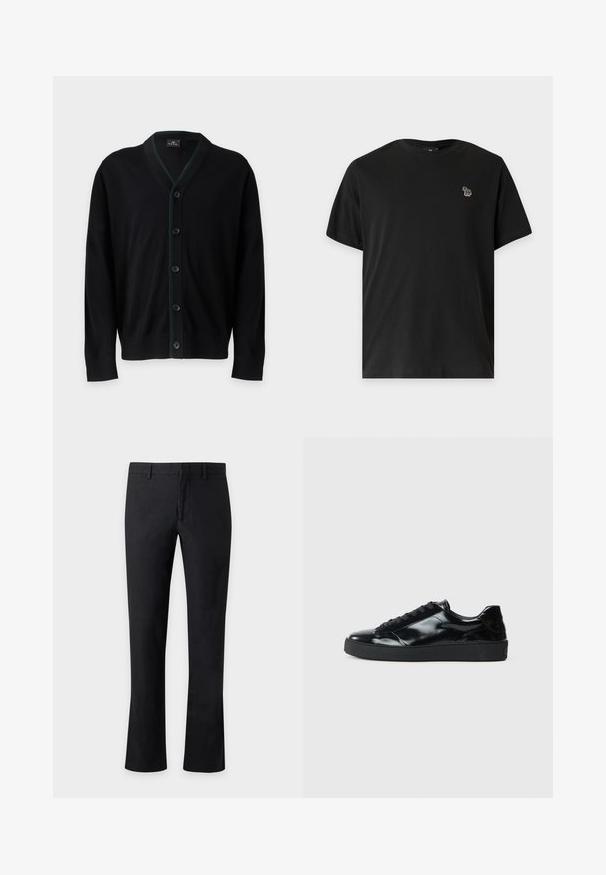PS Paul Smith MENS CARDIGAN BUTTON - Gilet - black; T-shirt noir à manches courtes avec un petit logo zèbre multicolore sur la poitrine gauche sur un fond uni.; Pantalon droit noir avec passants de ceinture et fermeture éclair à l'avant sur un fond clair uni.; Baskets en cuir verni noir avec un bout arrondi, un laçage, une semelle en caoutchouc texturé et une finition lisse.
