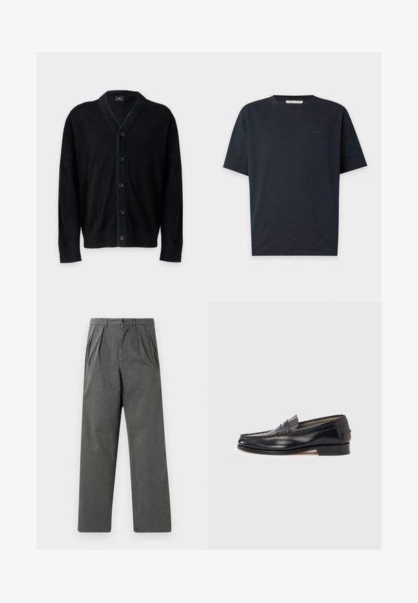 PS Paul Smith MENS CARDIGAN BUTTON - Gilet - black; T-shirt noir à manches courtes et col rond avec un petit texte "Tiger of Sweden" bleu foncé sur la poitrine gauche.; Pantalons légers plissés en coton gris foncé avec une coupe droite. Comprend une fermeture à bouton à l'avant et des passants de ceinture.; Mocassins en cuir noir avec un design de style mocassin, présentant une bande décorative et un détail de couture sur le dessus. Talon bloc bas.
