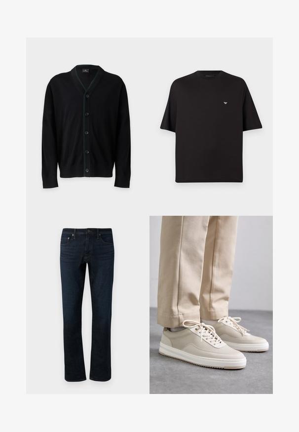 PS Paul Smith MENS CARDIGAN BUTTON - Strickjacke - black; Schwarzes T-Shirt mit kurzen Ärmeln und Rundhalsausschnitt, mit kleinem weißem Emporio Armani Adler-Logo in der Mitte der Brust vor grauem Hintergrund.; Dunkelblaue Denim-Jeans mit geradem Bein, ausgestattet mit einem klassischen Fünf-Taschen-Design und subtilen Steppdetails.; Beige Sneaker mit strukturiertem Obermaterial, weißen Sohlen und gestickten Akzenten, kombiniert mit beigen Hosen, auf einer grauen Fläche präsentiert.