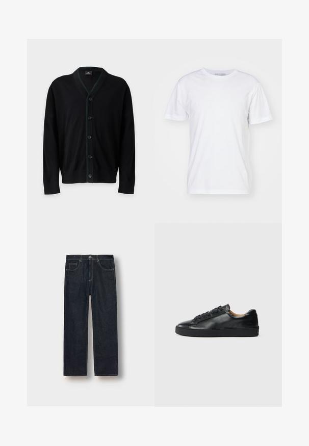 PS Paul Smith MENS CARDIGAN BUTTON - Neuletakki - black; Valkoinen puuvillapaita, jossa on pyöreä pääntie, lyhyet hihat ja suora leikkaus. Ilman kuvioita tai koristeita, sileä pinta ja yksinkertainen muotoilu.; Tummansiniset suorat farkut denim-kankaasta, joissa on vyölenkit, etutaskut ja erottuva ompelu. Minimalistinen muotoilu ilman koristeluja.; Musta nahkakenkä, jossa on sileä pinta, pyöreä kärki ja nauhakiinnitys. Varusteena paksu kumipohja ja minimaalinen brändäys.