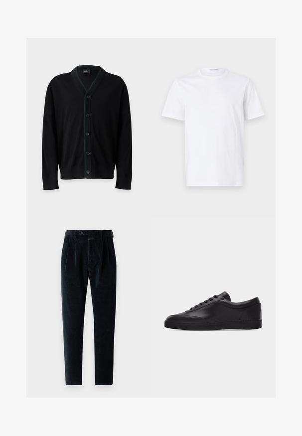PS Paul Smith MENS CARDIGAN BUTTON - Ζακέτα - black; Λευκό βαμβακερό μπλουζάκι με στρογγυλή λαιμόκοψη και κοντά μανίκια. Λείος υφασμάτινος καμβάς, ίσια γραμμή και μινιμαλιστικός σχεδιασμός χωρίς μοτίβα ή διακοσμητικά στοιχεία.; Μαύρο παντελόνι κοτλέ με στενή εφαρμογή, διαθέτει πιέτες μπροστά, κούμπωμα με κουμπί και δύο πλαϊνές τσέπες. Μαλακό, υφασματώδες ύφασμα.; Μαύρο δερμάτινο αθλητικό παπούτσι χαμηλού ύψους με κορδόνια και επίπεδη λαστιχένια σόλα, εμφανίζεται από το πλάι σε απλό λευκό φόντο.