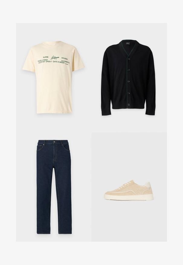 PS Paul Smith MENS CARDIGAN BUTTON - Cardigan - black; Cremefarvet bomulds t-shirt med korte ærmer og grøn tekst, der står "KidSuper," "Super Fluff n' Fold," samt vaskeanvisninger.; Mørkeblå denim jeans med lige snit, fem lommer og synlige stikninger. Har en knaplukning i taljen.; Beige ruskinds sneakers med hvid sål og snørebånd, lavtop design og zigzag mønster på sålen.