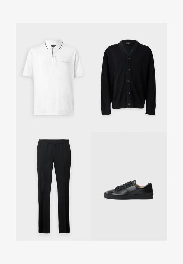 PS Paul Smith MENS CARDIGAN BUTTON - Gilet - black; Chemise polo blanche avec col, ornée de bordures noires le long du col et de la patte de boutonnage. Comprend trois boutons et un logo discret sur la poitrine.; Pantalon noir avec une taille élastique, jambes droites et une texture lisse. Présente des lignes épurées et ne comporte pas de poches visibles ni d'ornementations.; Baskets en cuir noir avec une texture lisse, bout rond et fermeture à lacets. Comprend une semelle en caoutchouc épaisse et un minimum de détails de marque.