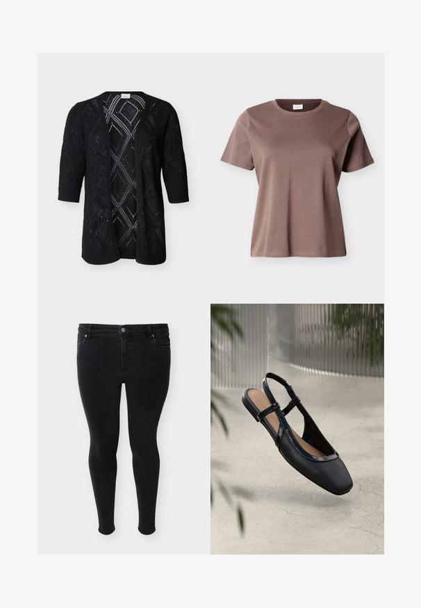 Cardigan noir en maille à ouverture frontale, orné de motifs en dentelle en forme de losange, avec des manches aux trois quarts, sur un fond clair uni.; T-shirt en coton marron mauve à manches courtes et col rond, coupe décontractée, présenté sur un fond clair uni.; Jean skinny noir avec bouton frontal, fermeture éclair et style cinq poches, présenté sur un fond uni.; Chaussure plate slingback en cuir noir avec un orteil carré, dotée d'un fini verni brillant et de sangles ajustables pour un maintien sécurisé.