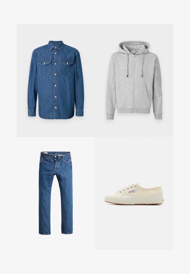 Grauer Kapuzenpullover mit Reißverschluss aus weichem Material, mit Kordelzugkapuze, zwei Vorderentaschen sowie gerippten Bündchen und Saum.; Dunkelblaues Denim-Hemd mit Knopfleiste und spitzem Kragen, zwei Brusttaschen und Knopfverschluss. Hat lange Ärmel und eine normale Passform.; Blaue Denim-Jeans mit geradem Bein, Frontknopfverschluss, Gürtelschlaufen und klassischem Fünf-Taschen-Stil.; Beige Leinen-Sneaker mit niedrigem Profil, Metallösen und Gummisohle. Mit einem strukturierten Muster und einem Logodetail an der Seite.