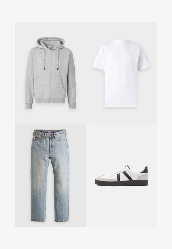 Grauer Kapuzenpullover mit Reißverschluss aus weichem Material, mit Kordelzugkapuze, zwei Vorderentaschen sowie gerippten Bündchen und Saum.; Weißes kurzärmeliges T-Shirt aus Baumwolle mit Rundhalsausschnitt, das eine glatte Textur und ein einfaches Design ohne Muster oder Akzente aufweist.; Helle blaue Jeans mit hoher Taille, Frontknopf, Reißverschluss und fünf Taschen-Design, flach auf einem neutralen Hintergrund ausgelegt.; Weiße Sneaker mit schwarz- und grau-aczenten, ausgestattet mit einer strukturierten grauen Zehenkappe, schwarzer Gummi-Sohle und flachen weißen Schnürsenkeln. Sauberes Design, minimalistische Stil.