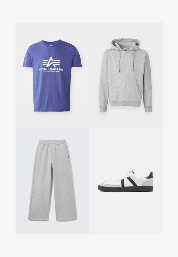 Sudadera con capucha gris con cremallera, hecha de un material suave, que incluye una capucha con cordón, dos bolsillos delanteros y puños y dobladillo acanalados.; Camiseta de algodón morada de manga corta, que presenta un logo blanco que incluye "ALPHA INDUSTRIES" y un diseño geométrico.; Pantalones anchos de chándal gris claro con cintura elástica y bolsillos laterales mostrados sobre un fondo liso.; Zapatilla blanca con acentos en negro y gris, que presenta una puntera texturizada en gris, suela de goma negra y cordones planos blancos. Diseño limpio, estilo minimalista.
