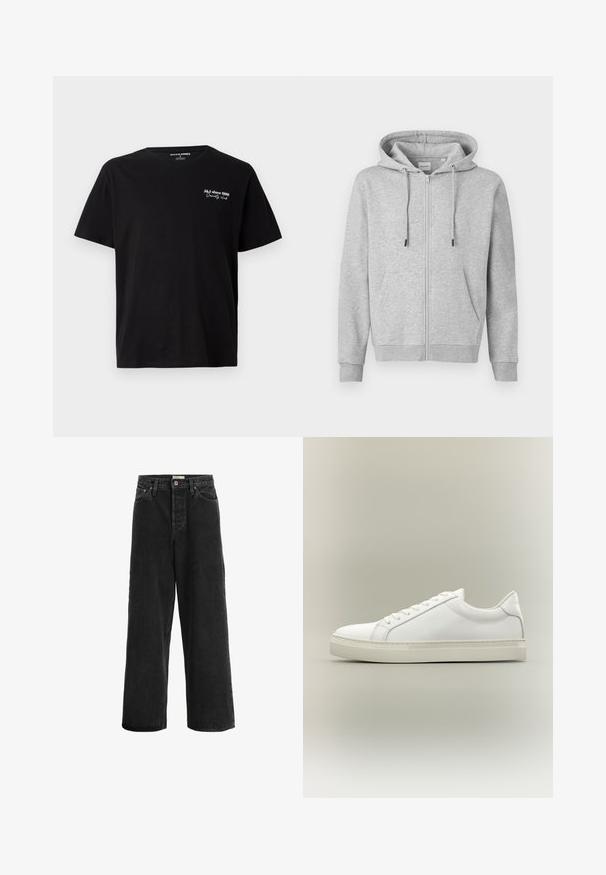 Grijze zip-up hoodie gemaakt van zacht materiaal, met een capuchon met trekkoord, twee voorzakken en geribbelde boorden en zoom.; Zwarte katoenen T-shirt met korte mouwen en witte tekst "J&J since 1990 Society Club" op de bovenste linkerborst en een ronde hals.; Zwarte wijde jeans gemaakt van denim stof. Heeft een hoge taille, twee voorklepjes, een knoopsluiting en subtiele stikseldetails.; Witte lage sneaker met veters aan de voorkant en dikke zool, zijaanzicht tegen een neutrale achtergrond.