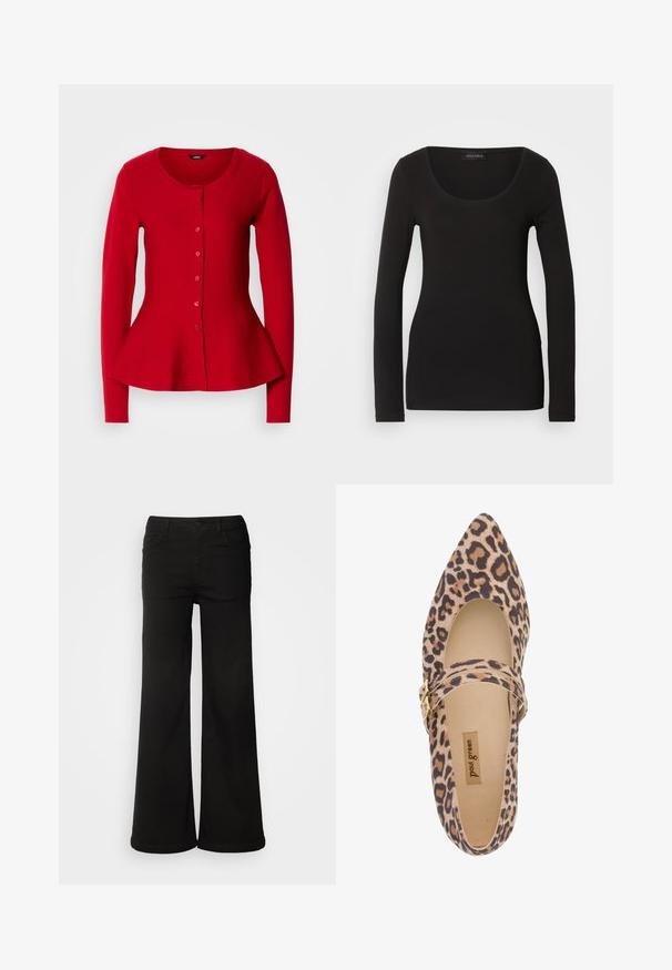 Rød langærmet cardigan med knapper, rund halsudskæring og let peplum-flair ved taljen, præsenteret på en neutral baggrund.; Sort langærmet top med en rund halsudskæring, lavet af blødt, strækbart stof. Har en tætsiddende pasform og glat tekstur. Brandlabel synlig.; Sorte brede bukser lavet af denimstof, med frontlommer, knaplukning og en glat tekstur med en ren finish.; Leopard-print Mary Jane sko med spids tå, blødt stof overdel og en rem forsynet med en guldbuckle. Kig til cremeforing og sål.