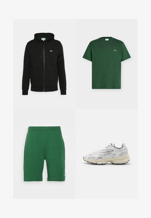 Haut à zip noir en mélange de coton, avec une poche avant, un capuchon réglable par cordon et un petit logo vert sur la poitrine.; T-shirt en coton vert foncé à manches courtes, col rond, avec petit logo crocodile Lacoste sur le côté gauche de la poitrine.; Shorts verts avec une taille élastique et des poches latérales, arborant un petit logo sur la jambe gauche. Texture lisse, longueur genoux.; Baskets de sport blanches avec des accents gris, tige en maille et synthétique, design à lacets et semelle en caoutchouc texturée avec motifs de traction.