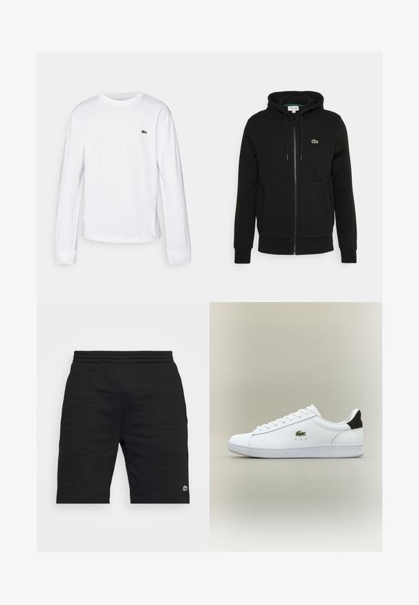 Zwarte zip-up hoodie van een katoenmix, met een voorzak, verstelbare trekkoordcapuchon en een klein groen logo op de borst.; Witte lange mouwen T-shirt van katoen. Beschikt over een geribbelde ronde hals en een klein groen geborduurd logo op de borst. Eenvoudig ontwerp.; Zwarte katoenen shorts met een elastische tailleband en een klein groen logo-accent. Heeft een rechte snit en een soepele textuur.; Witte leren sneaker met een gladde afwerking, voorzien van een groene geborduurde krokodillenlogo, vlakke witte zool en zwart accent op de hiel.