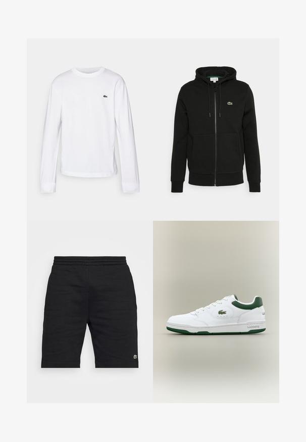Sort zip-up hoodie lavet af en bomuldsblanding, med en frontlomme, justerbar snoretræk til hætten og et lille grønt logo på brystet.; Hvid langærmet T-shirt lavet af bomuld. Har en ribbet rund halsudskæring og et lille grønt broderet logo på brystet. Simpelt design.; Sorte bomulds shorts med elastisk talje og et lille grønt logo som accent. Har en lige snit og en glat tekstur.; Hvide sneakers med grønne akcenter, glat læderoverdel, rund tå, perforeringer på forsiden og diskret branding på siden og bagpå.