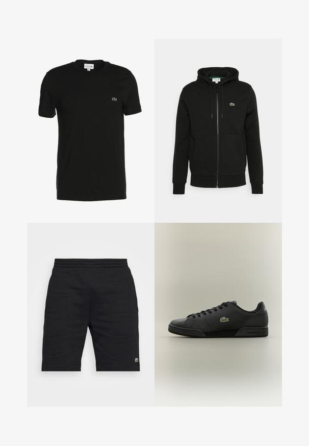 Haut à zip noir en mélange de coton, avec une poche avant, un capuchon réglable par cordon et un petit logo vert sur la poitrine.; T-shirt en coton noir à manches courtes, col rond, avec petit logo vert Lacoste sur la poitrine. Texture lisse, coupe classique.; Shorts en coton noir avec une taille élastique et un petit logo vert en accent. Caractéristiques d'une coupe droite et d'une texture lisse.; Baskets de sport noires avec une tige en cuir lisse, perforations subtiles, logo de crocodile vert et marquage "LACOSTE" sur le talon.