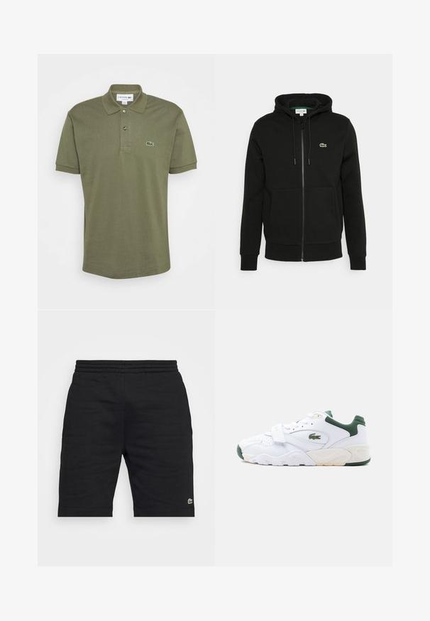 Sort zip-up hoodie lavet af en bomuldsblanding, med en frontlomme, justerbar snoretræk til hætten og et lille grønt logo på brystet.; Oliven grøn polo skjorte, kortærmet, med to-knaps placket, ribbet krave, prydet med et broderet Lacoste-logo på venstre bryst. Fremstillet af bomuldsmateriale.; Sorte bomulds shorts med elastisk talje og et lille grønt logo som accent. Har en lige snit og en glat tekstur.; Hvid atletiksko med grønne accenter, perforeret tå, rem over snørebånd og en grøn krokodillelogo på siden.