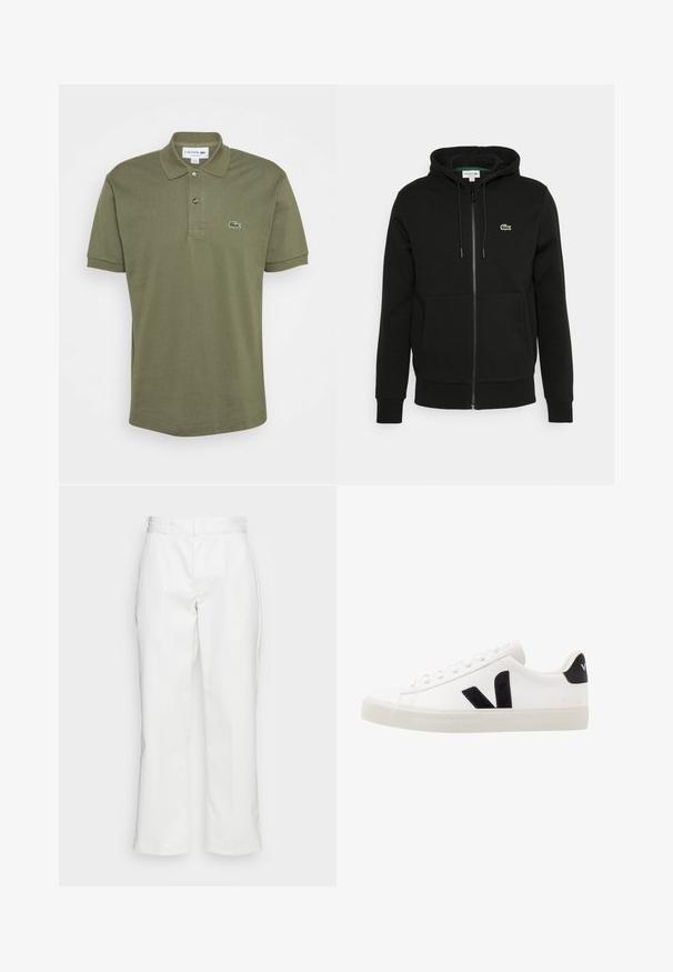 Sudadera con cremallera negra hecha de una mezcla de algodón, que cuenta con un bolsillo frontal, capucha ajustable con cordones y un pequeño logo verde en el pecho.; Polo de color verde oliva, de manga corta, con tapeta de dos botones, cuello acanalado, que presenta un logotipo bordado de Lacoste en el lado izquierdo del pecho. Material de algodón.; Pantalones de algodón blancos con un diseño de pierna recta, presillas para el cinturón y bolsillos laterales, con una textura suave y un detalle mínimo.; Zapatilla de cuero blanca con acentos de ante negro; presenta una suela de goma, puntera redonda y un diseño clásico de cordones. Logo lateral en negro.