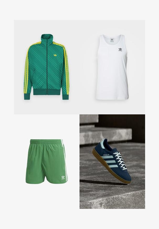 Roheline lukkuga jakk geomeetrilise mustriga, kollaste triipudega varrukatel, kõrge krae ja rinnal logo. Kerge kangas.; Valge sooniline tank top ümmarguse kaelusega, must Adidas logo vasakul rinnal ning ilma varrukateta. Pehme puuvillane materjal, juhuslik sobivus.; Roheline sportlik lühikesed püksid, mis on valmistatud kergetest materjalidest, valgete küljeribade ja Adidas logo diivani vasakus ääres. Elastne vöökoht.; Sinine Adidas Spezial tennisk, valgete triipude ja paeltega, kummist tallaga, hõljub kareda betoonpinna ja sammude kohal taustal.