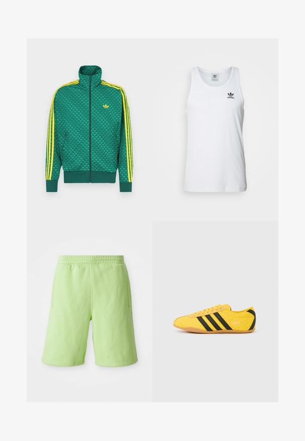 Grøn lynlåstrøje med geometrisk mønster, gule striber på ærmerne, høj krave og logo på brystet. Letvægtsstofstruktur.; Hvid ribbet tanktop med rund halsudskæring, sort Adidas-logo på venstre bryst og uden ærmer. Blødt bommateriale, afslappet pasform.; Limegrønne shorts lavet af blødt stof, med elastisk talje, sidelommer og et lille hvidt logo nederst til højre.; Gul atletiksko med en tekstureret overdel, der har sorte striber og logo. Rundt tå, blød sål og zigzag-mønster på materialet.