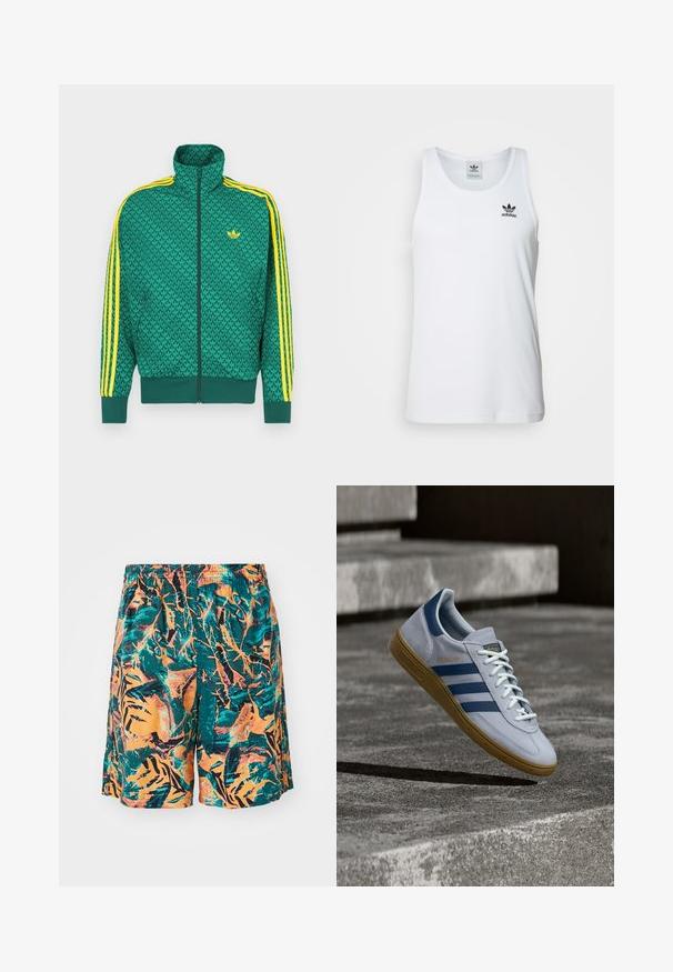 Chaqueta verde con cremallera y patrón geométrico, con franjas amarillas en las mangas, cuello alto y logo en el pecho. Textura de tela ligera.; Top sin mangas blanco con canalé y escote redondo, logo negro de Adidas en el lado izquierdo del pecho. Material de algodón suave, corte casual.; Bañador con un patrón de hojas de jungla en naranja, verde azulado y negro, fabricado en tejido liviano y con una cinturilla elástica para mayor comodidad.; Zapatilla Adidas Spezial azul claro con rayas azul marino y suela de goma, mostrada en el aire sobre escalones de hormigón en un entorno exterior neutral.