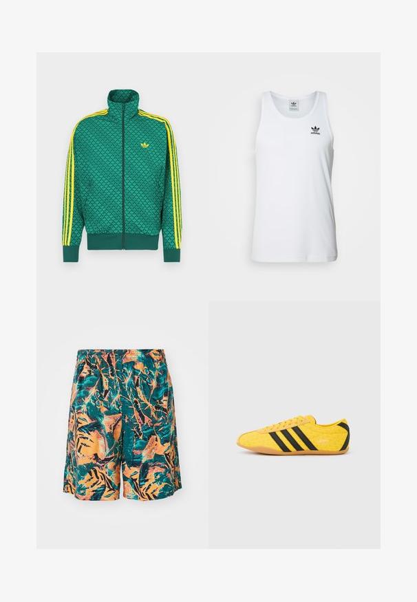 Grøn lynlåstrøje med geometrisk mønster, gule striber på ærmerne, høj krave og logo på brystet. Letvægtsstofstruktur.; Hvid ribbet tanktop med rund halsudskæring, sort Adidas-logo på venstre bryst og uden ærmer. Blødt bommateriale, afslappet pasform.; Badetights med et mønster af orange, teal og sorte jungleblade, lavet af letvægtsstof med en elastisk talje for komfort.; Gul atletiksko med en tekstureret overdel, der har sorte striber og logo. Rundt tå, blød sål og zigzag-mønster på materialet.