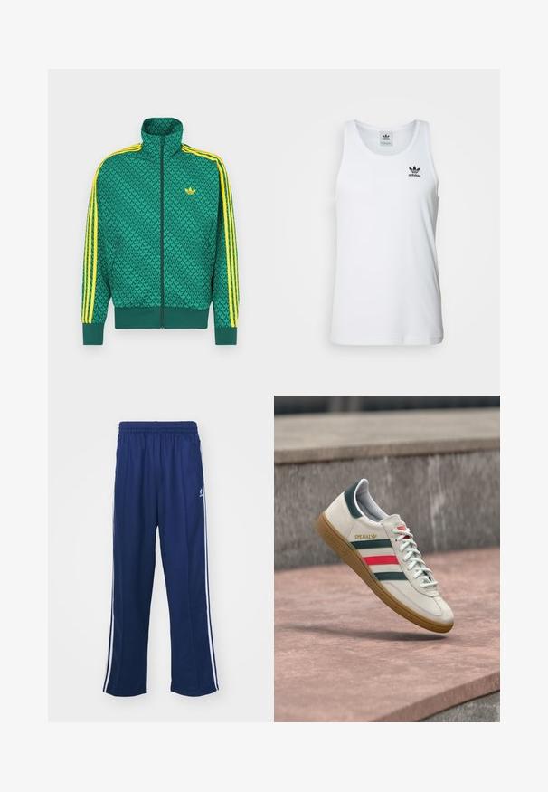 Chaqueta verde con cremallera y patrón geométrico, con franjas amarillas en las mangas, cuello alto y logo en el pecho. Textura de tela ligera.; Top sin mangas blanco con canalé y escote redondo, logo negro de Adidas en el lado izquierdo del pecho. Material de algodón suave, corte casual.; Pantalones deportivos en azul marino con un corte relajado, que presentan franjas laterales blancas y una cintura elástica. Tejido suave, sin patrones visibles ni herrajes.; Zapatilla blanca Adidas con franjas verdes y rojas, suela de goma y marca "SPEZIAL" flotando sobre pavimento de piedra.