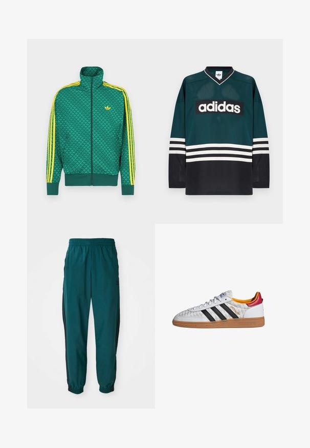 Grüne Reißverschlussjacke mit geometrischem Muster, gelben Streifen an den Ärmeln, hohem Kragen und Logo auf der Brust. Leichtes Stoffmaterial.; Grünes und schwarzes Adidas-Trikot mit V-Ausschnitt, langen Ärmeln, Netzstruktur und auffälligem weißem Logo quer über der Brust mit gestreiften Akzenten.; Türkise Sporthose mit einem Kordelzugbund, elastischen Bündchen und seitlichen schwarzen Streifen. Hergestellt aus leichtem Stoff und mit einem Logo in der Nähe der Hüfte.; Weißer Adidas Spezial Sneaker mit schwarzen Streifen, Gummisohle, gestepptem Muster, rotem Fersenlaschen und gelber Innenausstattung, Seitenansicht.