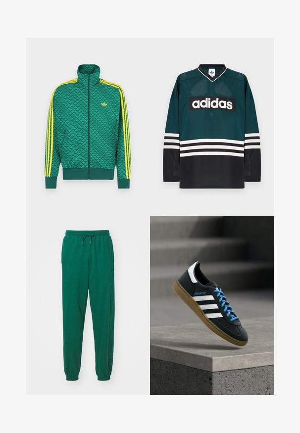 Grøn lynlåstrøje med geometrisk mønster, gule striber på ærmerne, høj krave og logo på brystet. Letvægtsstofstruktur.; Grøn og sort Adidas-trøje med V-udskæring, lange ærmer, meshtekstur og en markant hvid logo på brystet med stribede detaljer.; Grønne bomuldsjoggers med snøre i taljen, elastiske manchetter og sidelommer. Stoffet ser blødt ud med en glat overflade.; Sort Adidas sneaker med hvide striber, blå snørebånd og gummisål, der svæver over gråt betontrin i blødt lys.