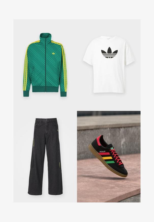 Grüne Reißverschlussjacke mit geometrischem Muster, gelben Streifen an den Ärmeln, hohem Kragen und Logo auf der Brust. Leichtes Stoffmaterial.; Weißes Baumwoll-T-Shirt mit großem schwarzem Adidas Trefoil-Logo und drei horizontalen Streifen darunter. Kurze Ärmel, Rundhalsausschnitt.; Schwarze, weite Jeanshose mit Knopfschluss, mehreren Taschen und grünen Akzenten an den Seiten mit sichtbaren Nähdetails.; Schwarzer Adidas Spezial Sneaker mit roten, gelben und grünen Streifen, roten Schnürsenkeln, Gummisohle und rotem Fersen-Detail, schwebend über dem Pflaster gezeigt.