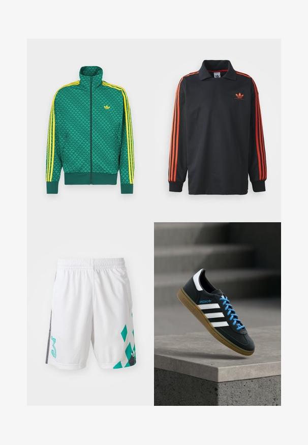 Zelená bunda na zips s geometrickým vzorom, žlté pruhy na rukávoch, vysoký golier a logo na hrudi. Ľahká textúra látky.; Čierny polo s dlhým rukávom a golierom, s červenými pruhmi na rukávoch a malým červeným logom na hrudi. Hladká textúra látky.; Biele športové šortky s elastickým pásom, zdobené teal geometrickým vzorom a čiernymi akcentmi na stranách. Obsahujú veľké číslo "3".; Čierna teniska Adidas s bielymi pruhmi, modrými šnúrkami a gumovou podrážkou, ktorá sa vznáša nad sivým betónovým schodom v mäkkom svetle.