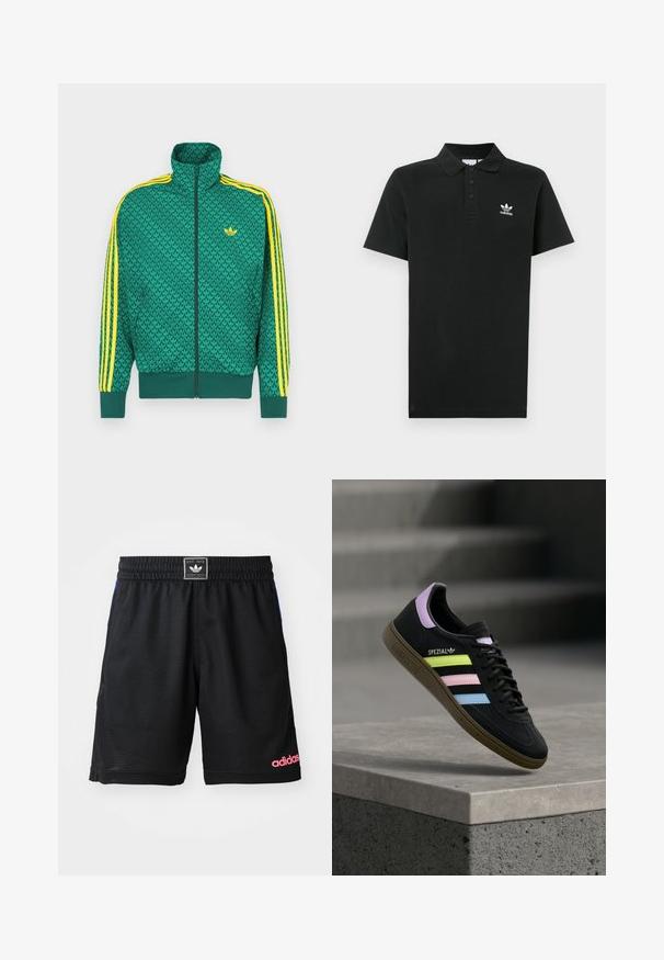 Groen jack met ritssluiting en geometrisch patroon, gele strepen op de mouwen, hoge kraag en logo op de borst. Lichtgewicht stoftextuur.; Zwart poloshirt van katoen met een sluiting met drie knopen, korte mouwen en een klein wit Adidas-logo op de linkerborst.; Zwarte sportshorts gemaakt van gestructureerde, ademende stof. Heeft een elastische tailleband en een roze "adidas" logo aan de onderkant aan de rechterzijde.; Zwarte Adidas Spezial sneaker met pastelgele, roze en blauwe strepen, lavendelkleurig hielhaakje en bruine zool, zwevend boven een betonnen richel.