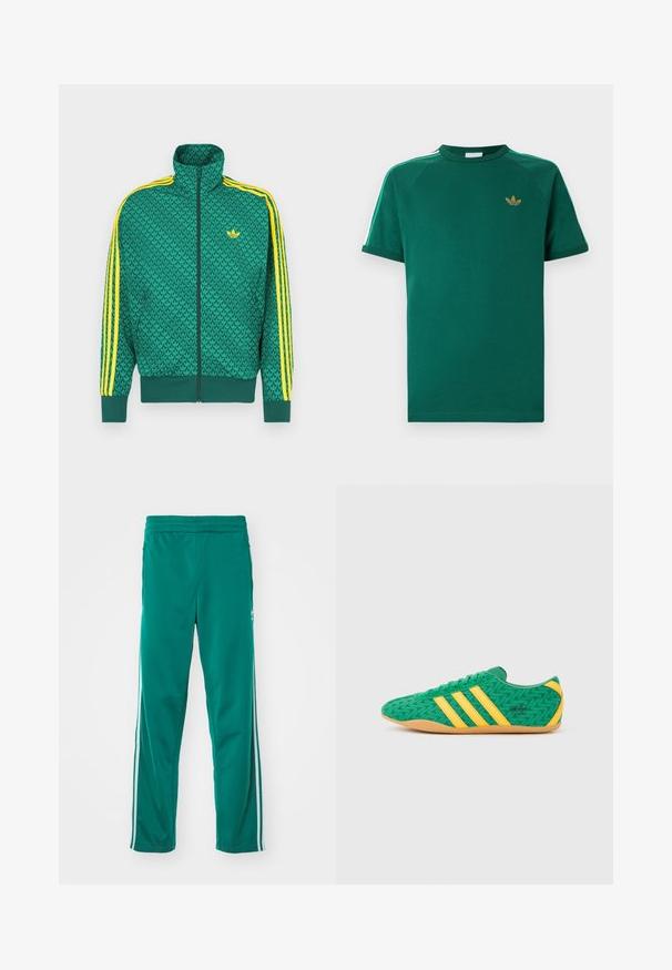 Zelená bunda na zips s geometrickým vzorom, žlté pruhy na rukávoch, vysoký golier a logo na hrudi. Ľahká textúra látky.; Zelené tričko Adidas s krátkym rukávom a okrúhlym výstrihom, zlatým logom trelej lístka na hrudi a bielymi pruhmi so zelenými okrajmi na ramenách.; Zelené teplákové nohavice s hladkou štruktúrou, s bielym postranným pruhom a elastickým pásom. Rovné nohy.; Zelené textilné tenisky s žltými akcentmi a tromi pruhmi, so vzorom cik-cak a podrážkou z gumy.