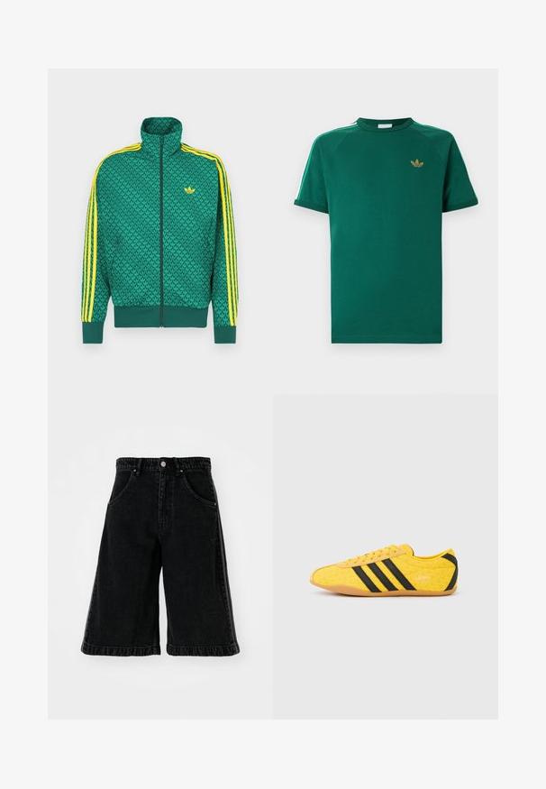 Zelená bunda na zips s geometrickým vzorom, žlté pruhy na rukávoch, vysoký golier a logo na hrudi. Ľahká textúra látky.; Zelené tričko Adidas s krátkym rukávom a okrúhlym výstrihom, zlatým logom trelej lístka na hrudi a bielymi pruhmi so zelenými okrajmi na ramenách.; Čierne džínsy krátke nohavice s širokým strihom, vysokým pásom, pútkami na opasok a prednými vreckami. Minimalistické prešívanie a detaily kovania.; Žltá športová obuv s textúrovaným zvrškom, s čiernymi pruhmi a logom. Zaoblená špička, mäkká podrážka a vzor v tvare cik-cak na materiáli.