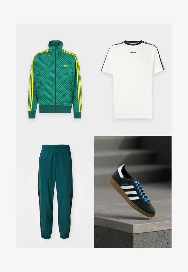 Grøn lynlåstrøje med geometrisk mønster, gule striber på ærmerne, høj krave og logo på brystet. Letvægtsstofstruktur.; Hvid t-shirt med korte ærmer og struktureret sildebensmønster, sort rund hals og sorte og blå-grønne stribede detaljer på skuldrene.; Teal sportsbukser med snoretræk i taljen, elastiske manchetter og sorte striber på siden. Lavet af letvægtsstof med et logo nær hoften.; Sort Adidas sneaker med hvide striber, blå snørebånd og gummisål, der svæver over gråt betontrin i blødt lys.