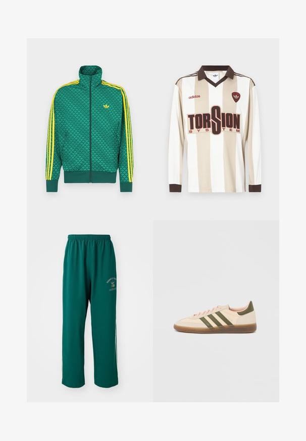 Zelená bunda na zips s geometrickým vzorom, žlté pruhy na rukávoch, vysoký golier a logo na hrudi. Ľahká textúra látky.; Futbalový dres s dlhým rukávom v béžovej a bielej pruhovanej farbe; má hnedý golier a manžety, veľké červené logo "TORSION SYSTEM" a branding adidas.; Zelené športové nohavice vyrobené z hladkej tkaniny, s elastickým pásom, potlačou loga na jednej strane a bielymi postrannými pruhmi. Štandardný strih.; Nízky béžový tenisky Adidas Spezial so zelenými pruhmi, gumovou podrážkou a nápisom „SPEZIAL“ na boku, zobrazené z vonkajšej strany.