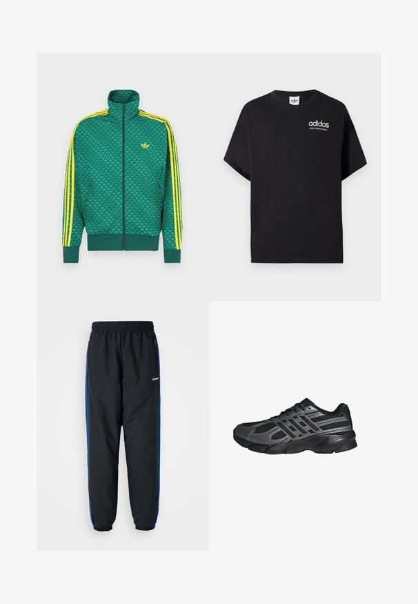 Chaqueta verde con cremallera y patrón geométrico, con franjas amarillas en las mangas, cuello alto y logo en el pecho. Textura de tela ligera.; Camiseta de algodón negra con mangas cortas, con cuello redondo y logo blanco de Adidas con "SPORT DESIGN STUDIO" en dorado. Textura suave.; Pantalones deportivos negros con cintura elástica, rayas laterales azules, bolsillos con cremallera y puños ajustados para un ajuste ceñido. Fabricados en material ligero.; Zapatillas deportivas negras hechas de malla y materiales sintéticos, que presentan una superficie texturizada, múltiples rayas grises y un collar acolchado.