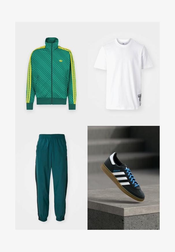 Grüne Reißverschlussjacke mit geometrischem Muster, gelben Streifen an den Ärmeln, hohem Kragen und Logo auf der Brust. Leichtes Stoffmaterial.; Weißes Baumwoll-T-Shirt mit kurzen Ärmeln, Rundhalsausschnitt und einem schwarzen Adidas-Logo-Patch auf der unteren linken Seite. Glatte Textur.; Türkise Sporthose mit einem Kordelzugbund, elastischen Bündchen und seitlichen schwarzen Streifen. Hergestellt aus leichtem Stoff und mit einem Logo in der Nähe der Hüfte.; Schwarzer Adidas-Sneaker mit weißen Streifen, blauen Schnürsenkeln und Gummisohle, der über einer grauen Betontreppe im weichen Licht schwebt.