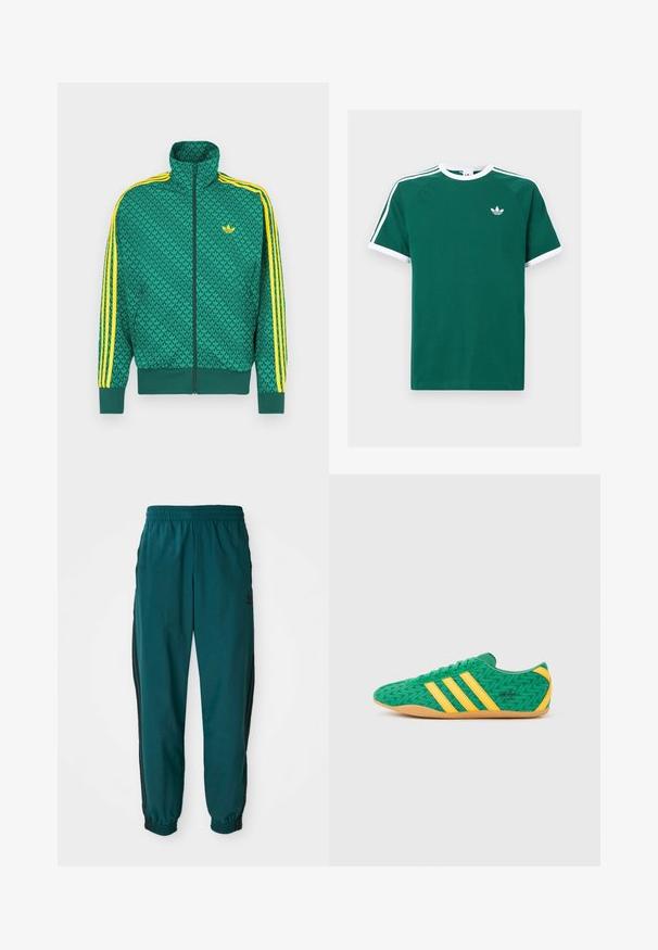 Chaqueta verde con cremallera y patrón geométrico, con franjas amarillas en las mangas, cuello alto y logo en el pecho. Textura de tela ligera.; Camiseta de algodón verde con acentos blancos, con mangas cortas, cuello redondo y tres rayas blancas en cada hombro. Pequeño logo en el pecho.; Pantalones deportivos en color verde azulado con cintura ajustable por cordón, puños elásticos y rayas negras en los lados. Fabricados con un tejido ligero, presentan un logo cerca de la cadera.; Zapatillas deportivas de tela verde con detalles amarillos y tres franjas, con un patrón en zigzag y suela de goma color caramelo.