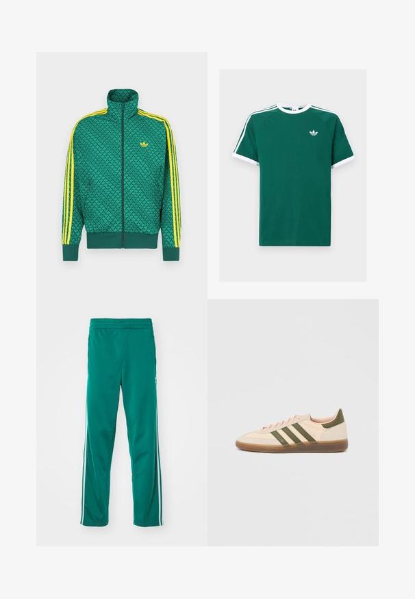 Grüne Reißverschlussjacke mit geometrischem Muster, gelben Streifen an den Ärmeln, hohem Kragen und Logo auf der Brust. Leichtes Stoffmaterial.; Grünes Baumwoll-T-Shirt mit weißen Akzenten, ausgestattet mit kurzen Ärmeln, einem Rundhalsausschnitt und drei weißen Streifen an jeder Schulter. Kleines Logo auf der Brust.; Grüne Jogginghosen mit glatter Textur, ausgestattet mit einem weißen Seitenstreifen und einem elastischen Bund. Gerade Beinform.; Flacher, beigefarbener Adidas Spezial Sneaker mit grünen Streifen, Gummisohle und "SPEZIAL" Schriftzug an der Seite, von der Außenseite gezeigt.
