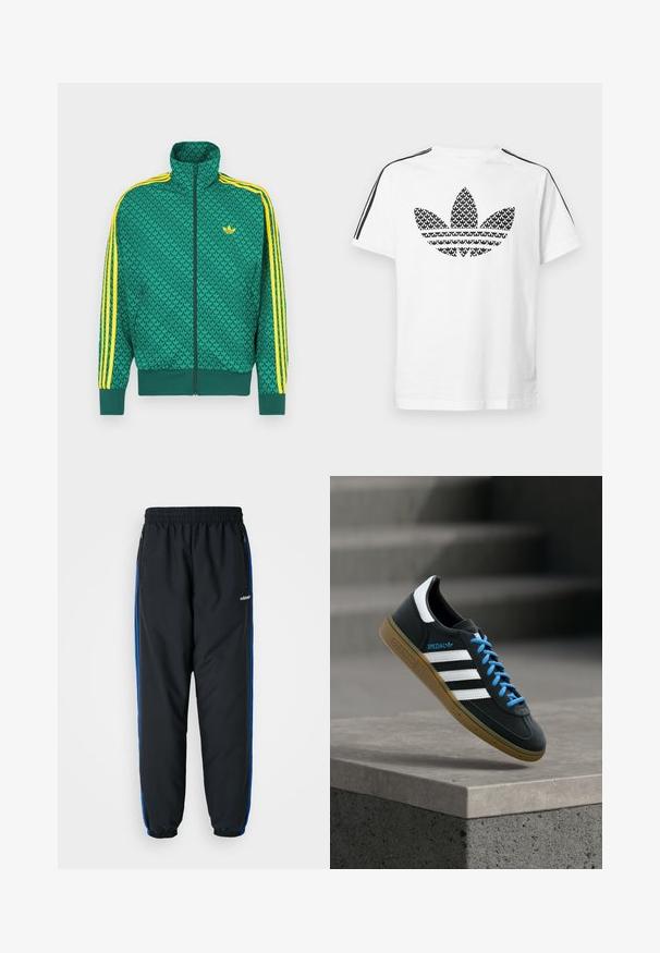 Grøn lynlåstrøje med geometrisk mønster, gule striber på ærmerne, høj krave og logo på brystet. Letvægtsstofstruktur.; Hvid bomuld t-shirt med sort grafisk trefoil-logo på fronten og sorte striber langs skuldrene som accent.; Sorte atletiske bukser med elastisk talje, blå sideløb, lynlåslommer og tætsiddende benafslutninger for en stram pasform. Lavet af let materiale.; Sort Adidas sneaker med hvide striber, blå snørebånd og gummisål, der svæver over gråt betontrin i blødt lys.