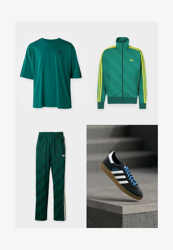 Chaqueta verde con cremallera y patrón geométrico, con franjas amarillas en las mangas, cuello alto y logo en el pecho. Textura de tela ligera.; Camiseta de algodón en color verde azulado, con mangas cortas, cuello redondo y rayas laterales negras. Presenta un pequeño logotipo negro en el pecho.; Pantalones deportivos verde oscuro con logos sutilmente estampados, franjas laterales blancas, cintura elástica y pequeño logo blanco de Adidas Trefoil en el muslo derecho.; Zapatilla negra Adidas con franjas blancas, cordones azules y suela de goma flotando sobre un escalón de hormigón gris con luz suave.
