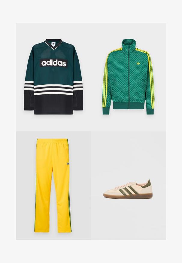 Grüne Reißverschlussjacke mit geometrischem Muster, gelben Streifen an den Ärmeln, hohem Kragen und Logo auf der Brust. Leichtes Stoffmaterial.; Grünes und schwarzes Adidas-Trikot mit V-Ausschnitt, langen Ärmeln, Netzstruktur und auffälligem weißem Logo quer über der Brust mit gestreiften Akzenten.; Gelbe Sporthose mit elastischem Bund, grünen Seitenstreifen und einem kleinen blauen Logo am linken Oberschenkel. Glatte Stoffstruktur.; Flacher, beigefarbener Adidas Spezial Sneaker mit grünen Streifen, Gummisohle und "SPEZIAL" Schriftzug an der Seite, von der Außenseite gezeigt.