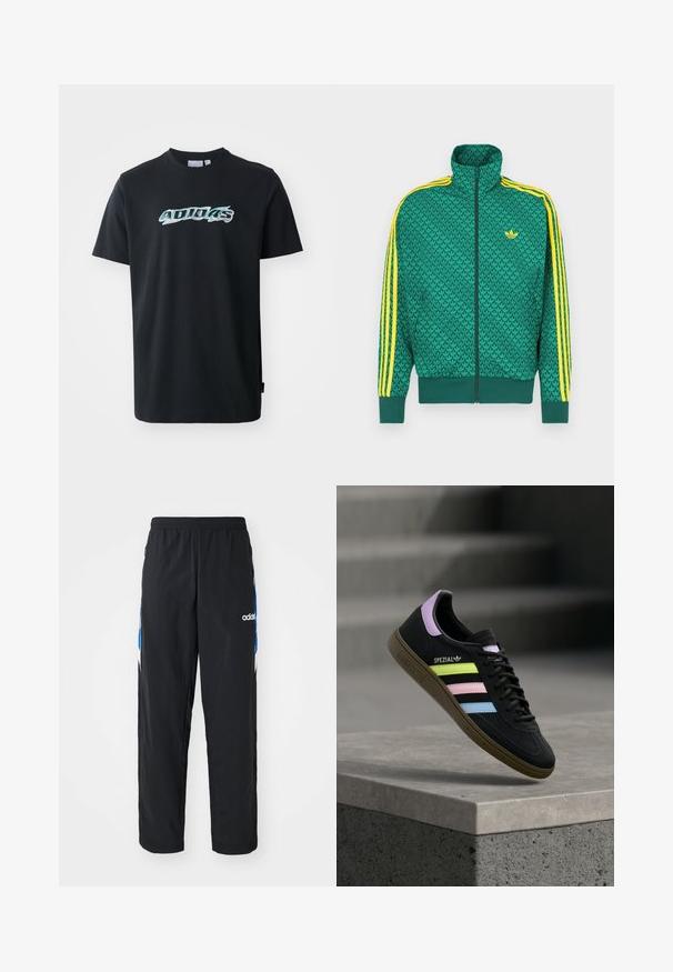 Grøn lynlåstrøje med geometrisk mønster, gule striber på ærmerne, høj krave og logo på brystet. Letvægtsstofstruktur.; Sort bomulds T-shirt med korte ærmer, der har et blankt, flerfarvet "ADIDAS" logo på forsiden. Klassisk crewneck design.; Sorte træningsbukser med elastisk talje, prydet med blå og hvide grafiske detaljer på siderne og et broderet logo.; Sort Adidas Spezial sneaker med pastelgule, pink og blå striber, lavendel hælstrop og brun sål, svævende over betonforkant.